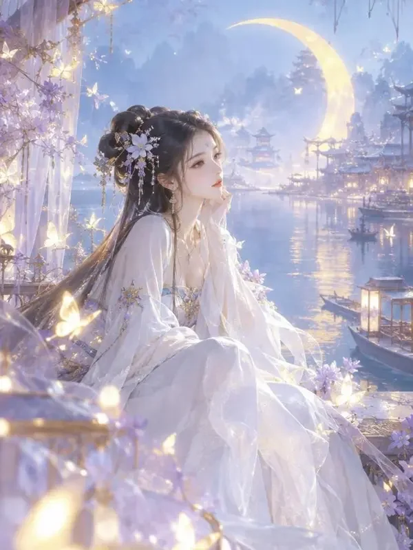 漫剧大全短剧《蝴蝶吻过月牙湾》封面，化蝶仙子与月牙湾的梦幻画面