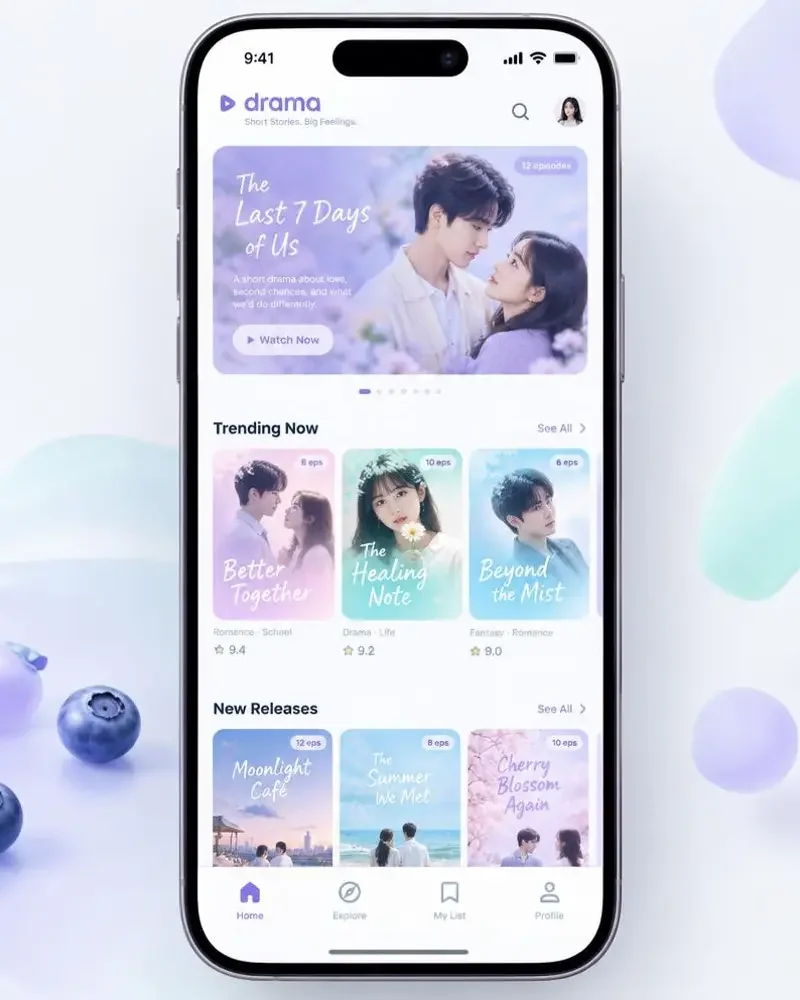 漫剧大全短剧APP界面预览，展示梦幻薰衣草紫主题的追剧首页