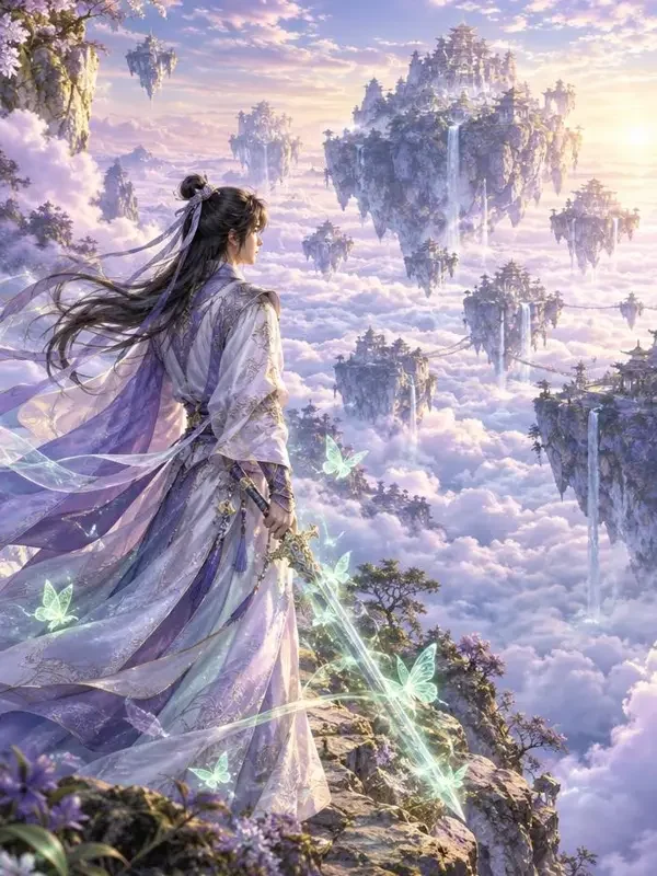 漫剧大全短剧《执剑赴山海》封面，仙侠少年御剑山海的恢弘画面