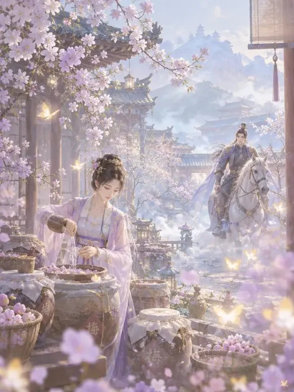 漫剧大全短剧《青梅煮酒待君归》封面，江南小院青梅竹马的唯美画面